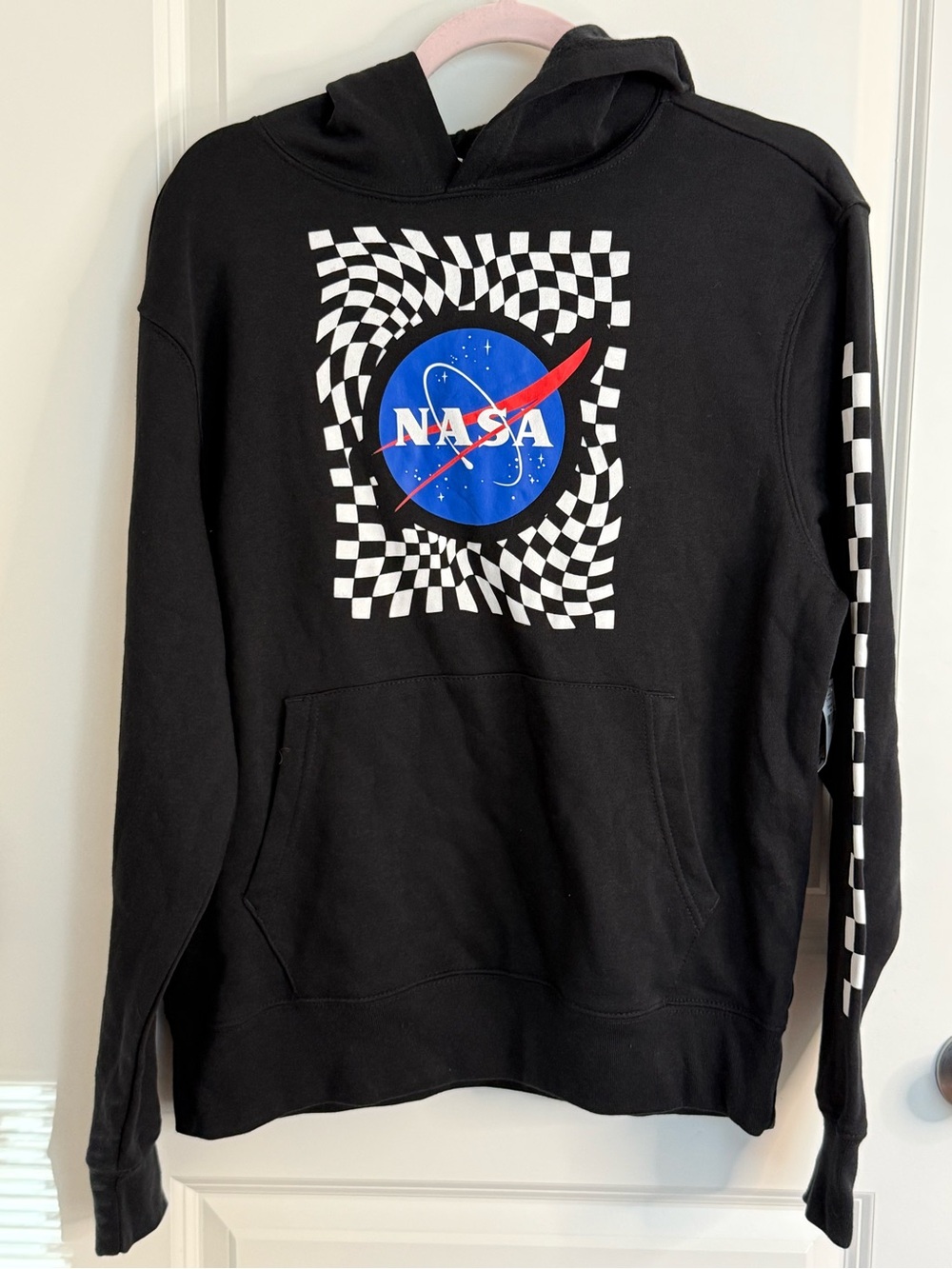 NASA Checkerboard Hoodie Black Graphic Pullover Sweatshirt